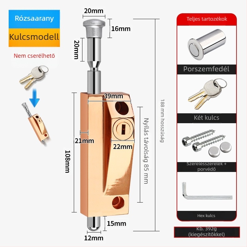 Forgóajtó-zár, alumínium ötvözet, keretes ajtó, Knob Key modell, elektroplatinált bevonat