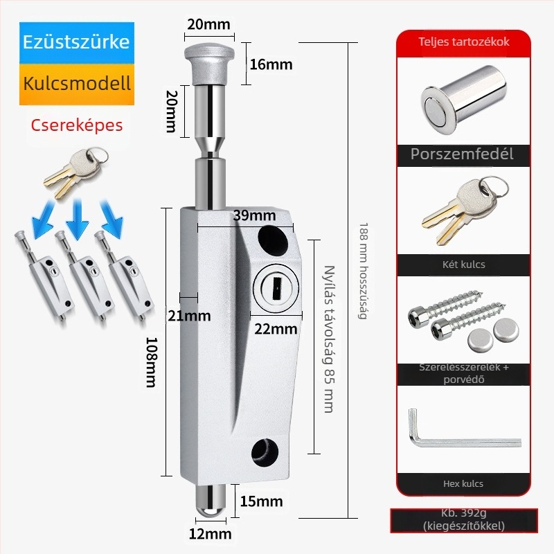 Forgóajtó-zár, alumínium ötvözet, keretes ajtó, Knob Key modell, elektroplatinált bevonat