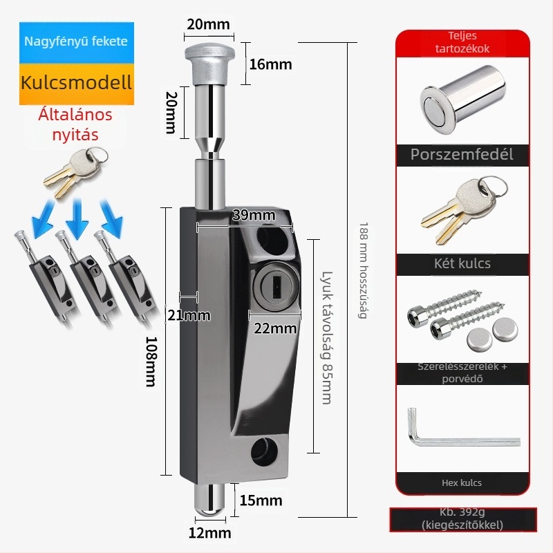 Forgóajtó-zár, alumínium ötvözet, keretes ajtó, Knob Key modell, elektroplatinált bevonat
