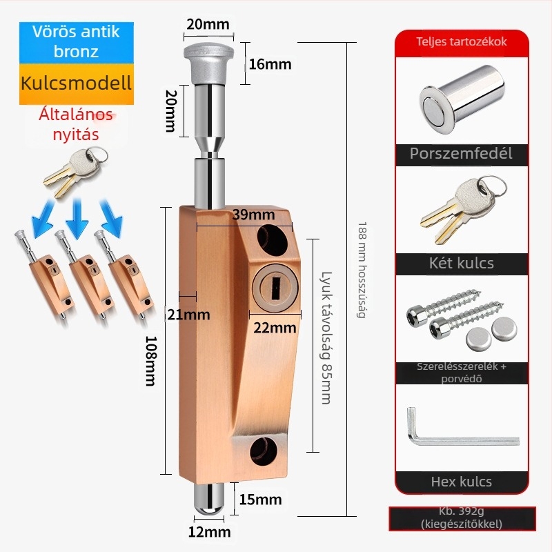 Forgóajtó-zár, alumínium ötvözet, keretes ajtó, Knob Key modell, elektroplatinált bevonat