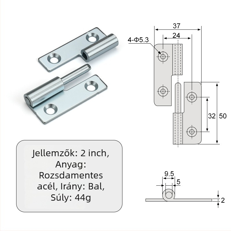 Leválasztható csukló szekrényekhez — sík, ipari összecsukható hardver, 304 rozsdamentes acél, 2 mm vastagság, elektroplattolt felület