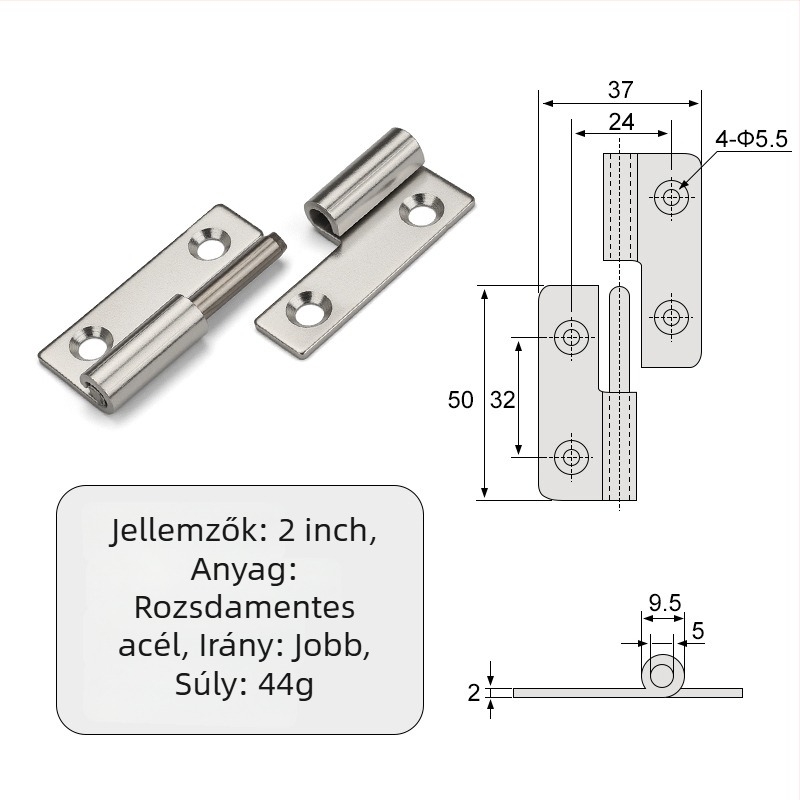Leválasztható csukló szekrényekhez — sík, ipari összecsukható hardver, 304 rozsdamentes acél, 2 mm vastagság, elektroplattolt felület