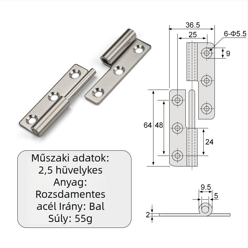 Leválasztható csukló szekrényekhez — sík, ipari összecsukható hardver, 304 rozsdamentes acél, 2 mm vastagság, elektroplattolt felület