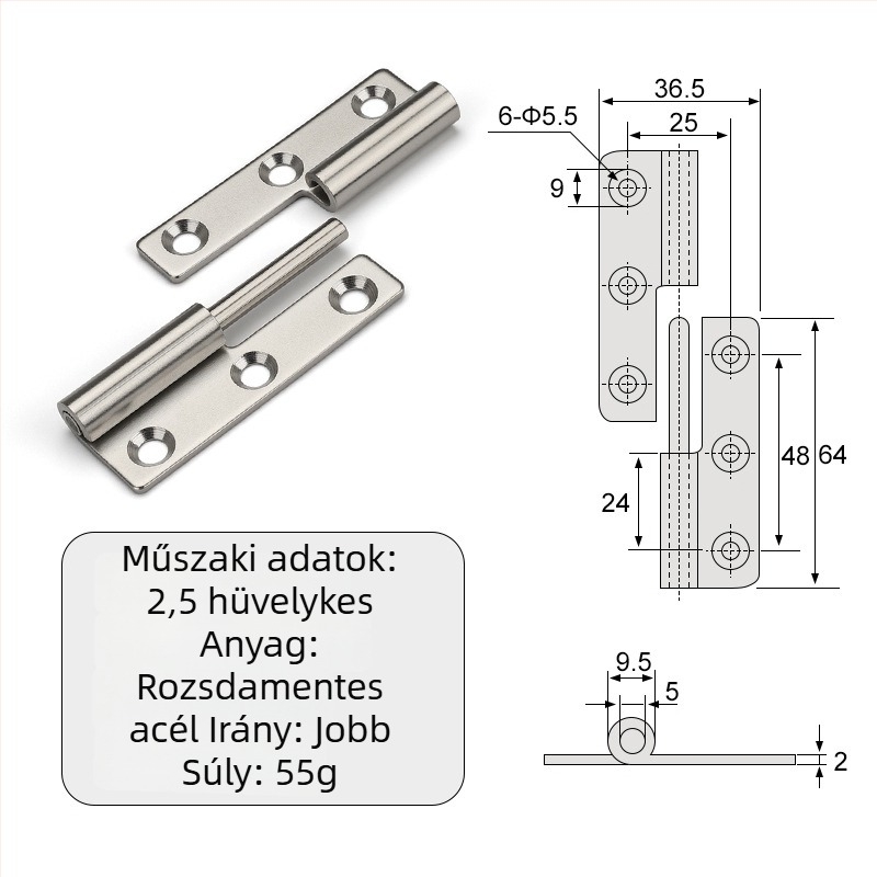 Leválasztható csukló szekrényekhez — sík, ipari összecsukható hardver, 304 rozsdamentes acél, 2 mm vastagság, elektroplattolt felület
