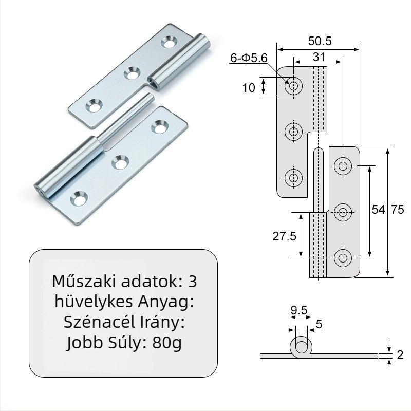 Leválasztható csukló szekrényekhez — sík, ipari összecsukható hardver, 304 rozsdamentes acél, 2 mm vastagság, elektroplattolt felület