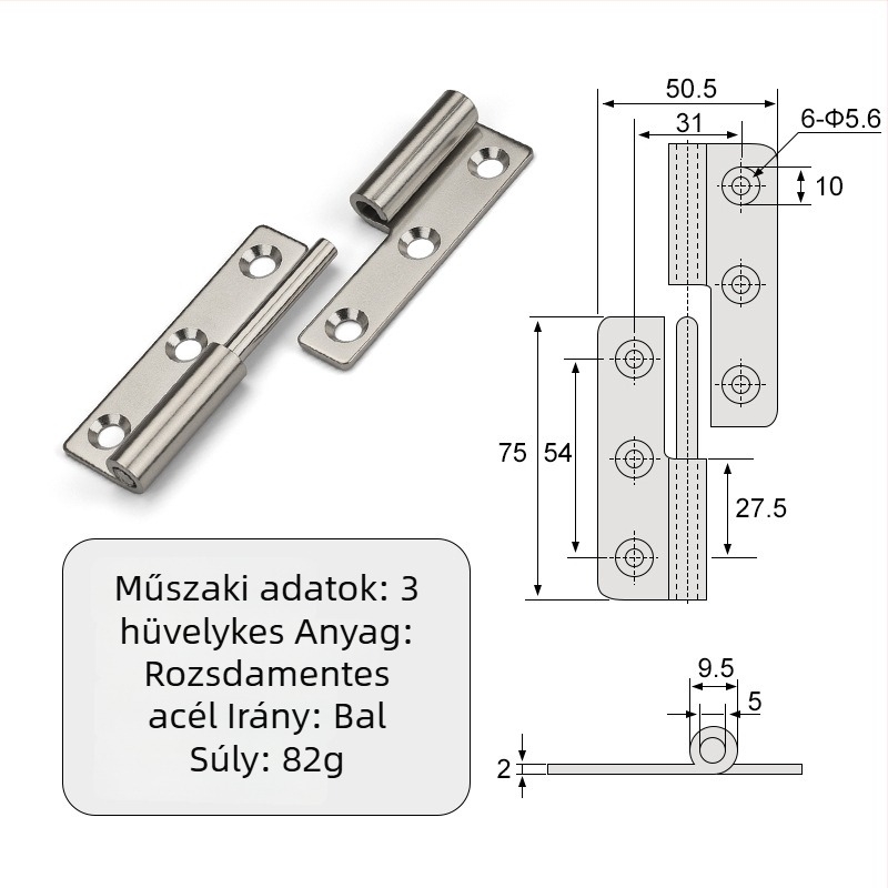Leválasztható csukló szekrényekhez — sík, ipari összecsukható hardver, 304 rozsdamentes acél, 2 mm vastagság, elektroplattolt felület