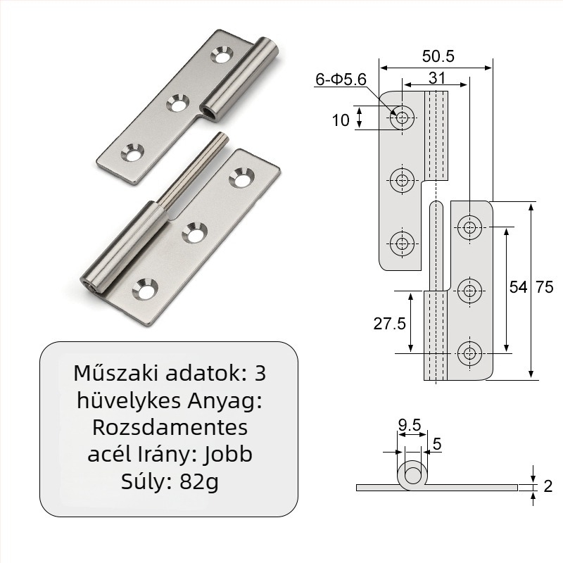 Leválasztható csukló szekrényekhez — sík, ipari összecsukható hardver, 304 rozsdamentes acél, 2 mm vastagság, elektroplattolt felület