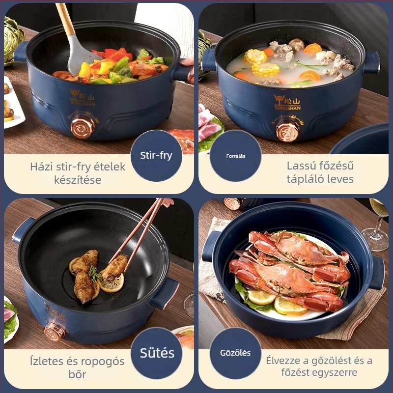 Többfunkciós elektromos főzőedény otthoni konyhához pároláshoz és főzéshez, 4,1–6 L, 2–3 személyre, tapadásmentes belső tál, forgatható gombos vezérlés, két rétegű kialakítás