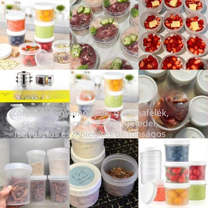 Élelmiszerbiztonságos egyszer használatos ebédes doboz fedéllel, kerek alak, PP anyag, mikrosütőben használható, fagyasztásra alkalmas.