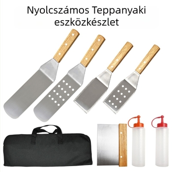 8 részes rozsdamentes acél BBQ eszköz készlet, kés és spatula, Oxford vászontáskában, fa, rozsdamentes acél és szilikon összetevőkkel, modern minimál stílusú kültéri főzéshez