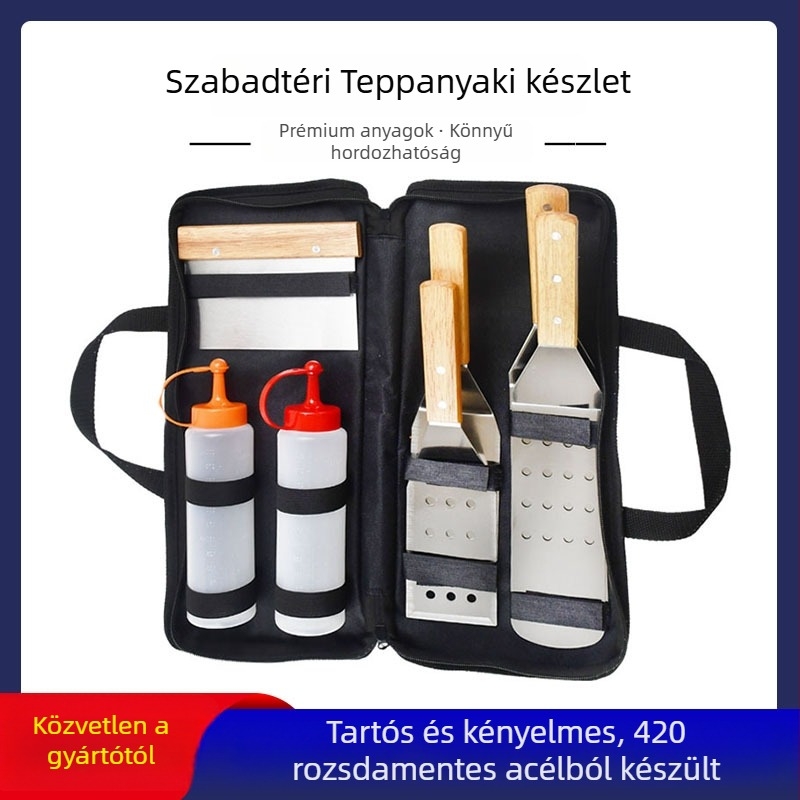 8 részes rozsdamentes acél BBQ eszköz készlet, kés és spatula, Oxford vászontáskában, fa, rozsdamentes acél és szilikon összetevőkkel, modern minimál stílusú kültéri főzéshez