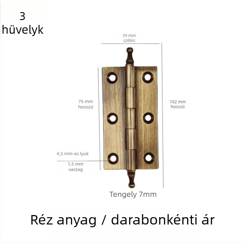 ajtópánt, kefével csiszolt réz-nikkel ötvözetből készült, tömörfa bútorokhoz, termékkód 7703