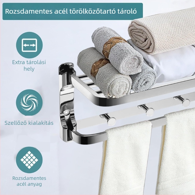 Falra szerelhető törölközőtartó rozsdamentes acélból, 2 rétegű, finom polírozás, teherbírás 20, perforált rögzítés