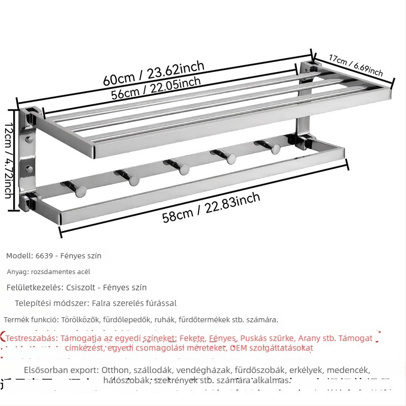 Falra szerelhető törölközőtartó rozsdamentes acélból, 2 rétegű, finom polírozás, teherbírás 20, perforált rögzítés