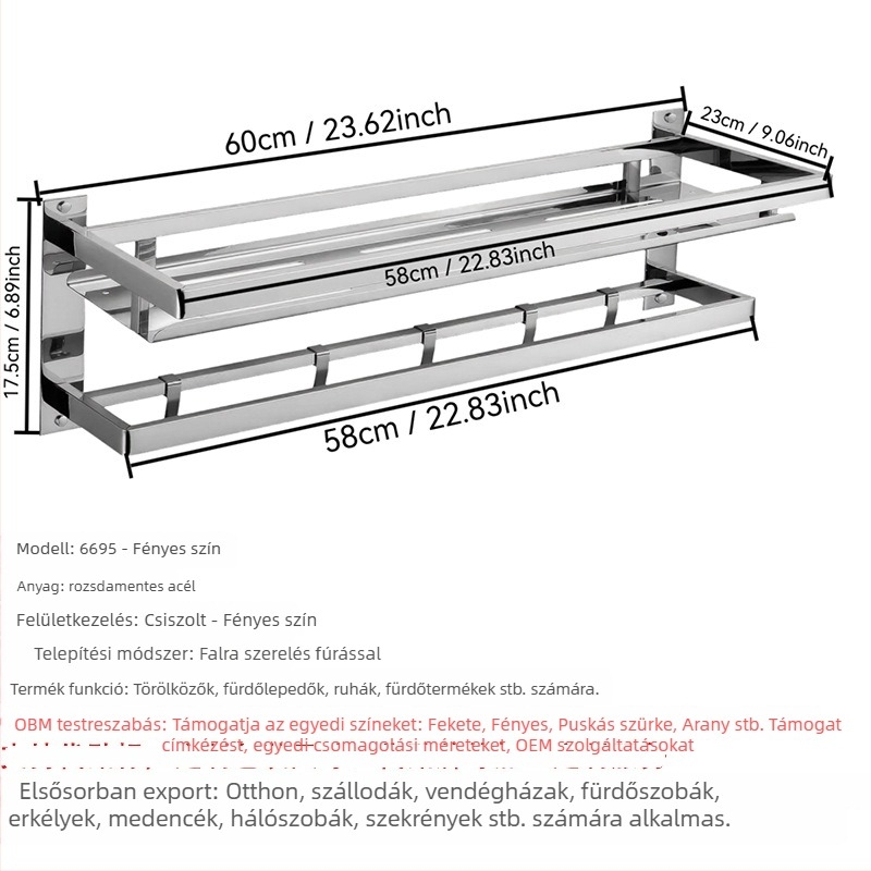 Falra szerelhető törölközőtartó rozsdamentes acélból, 2 rétegű, finom polírozás, teherbírás 20, perforált rögzítés