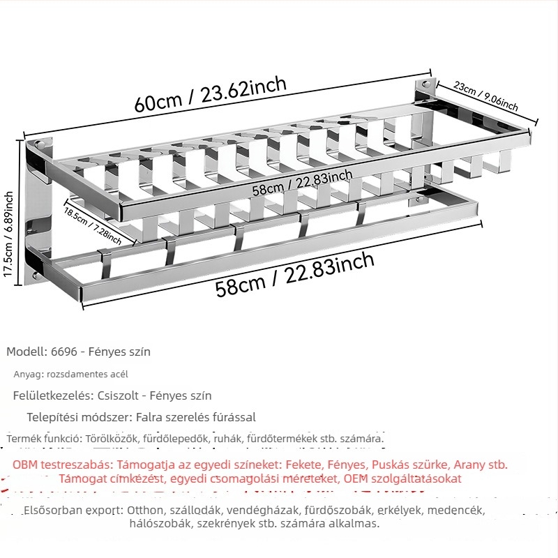 Falra szerelhető törölközőtartó rozsdamentes acélból, 2 rétegű, finom polírozás, teherbírás 20, perforált rögzítés