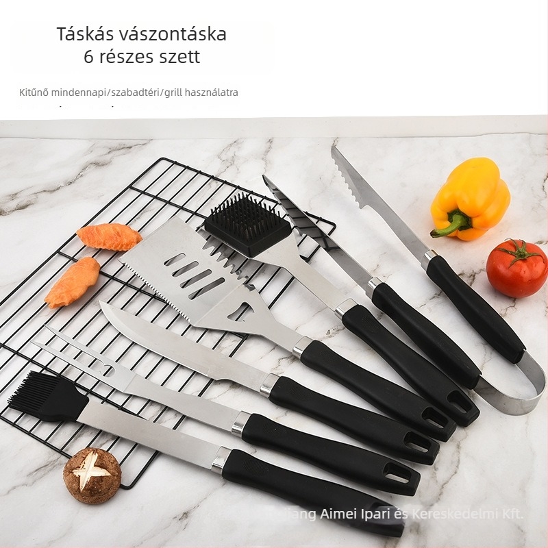 Hordozható BBQ eszközkészlet 410 rozsdamentes acélból, tök alakú nyéllel, Oxford vászon tokban — tartalmaz kés, csipesz, ecset, villa, nyárs és sütőlapát