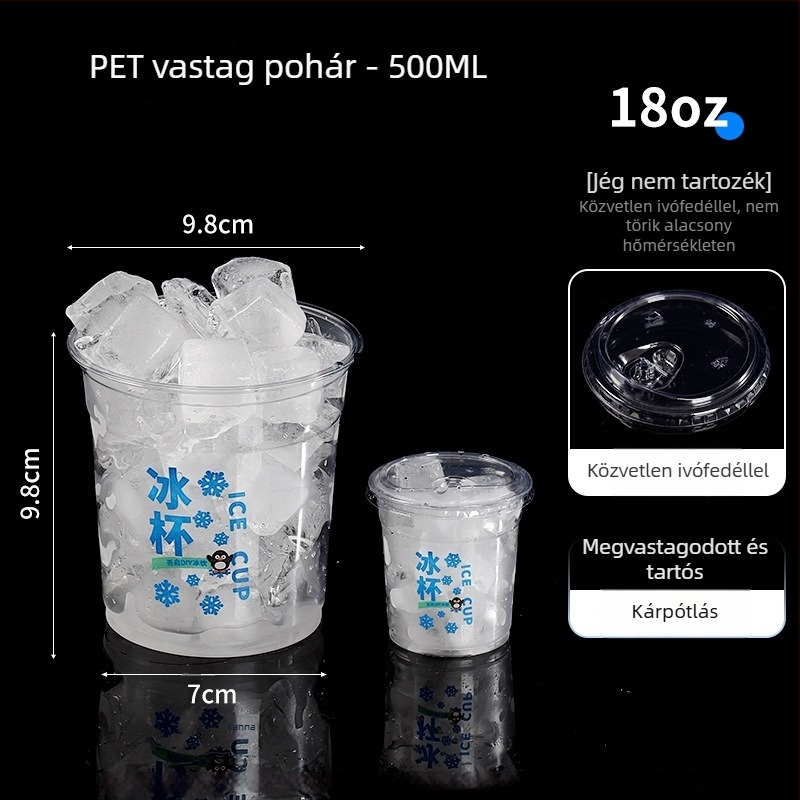 Egyszer használatos PET műanyag pohár hideg italokhoz, ovális alak, átlátszó kivitel, 401–500 ml térfogat, tej- vagy kávéitalokhoz alkalmas