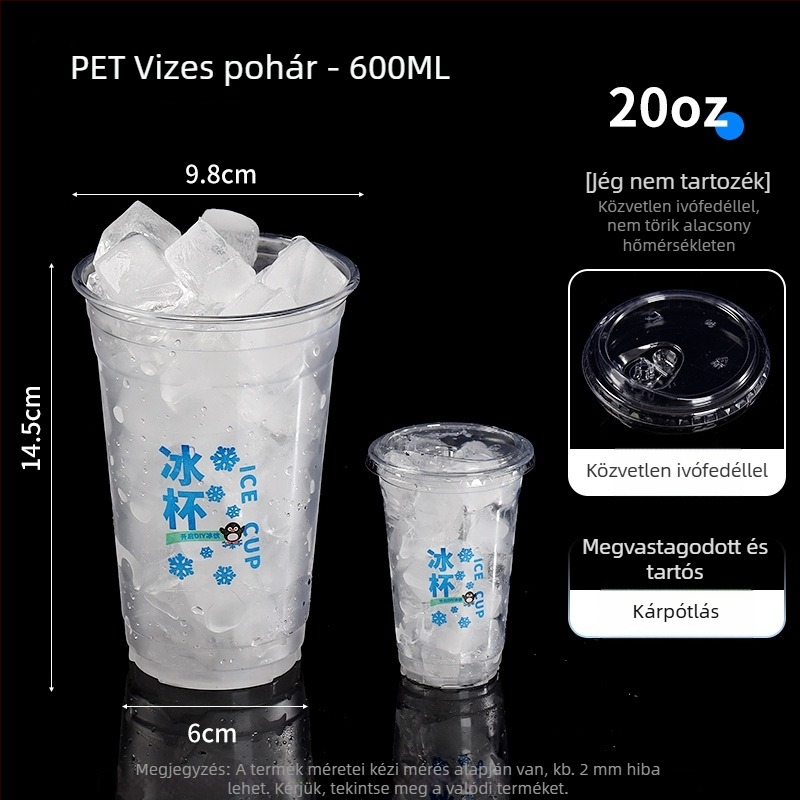 Egyszer használatos PET műanyag pohár hideg italokhoz, ovális alak, átlátszó kivitel, 401–500 ml térfogat, tej- vagy kávéitalokhoz alkalmas