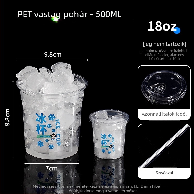 Egyszer használatos PET műanyag pohár hideg italokhoz, ovális alak, átlátszó kivitel, 401–500 ml térfogat, tej- vagy kávéitalokhoz alkalmas