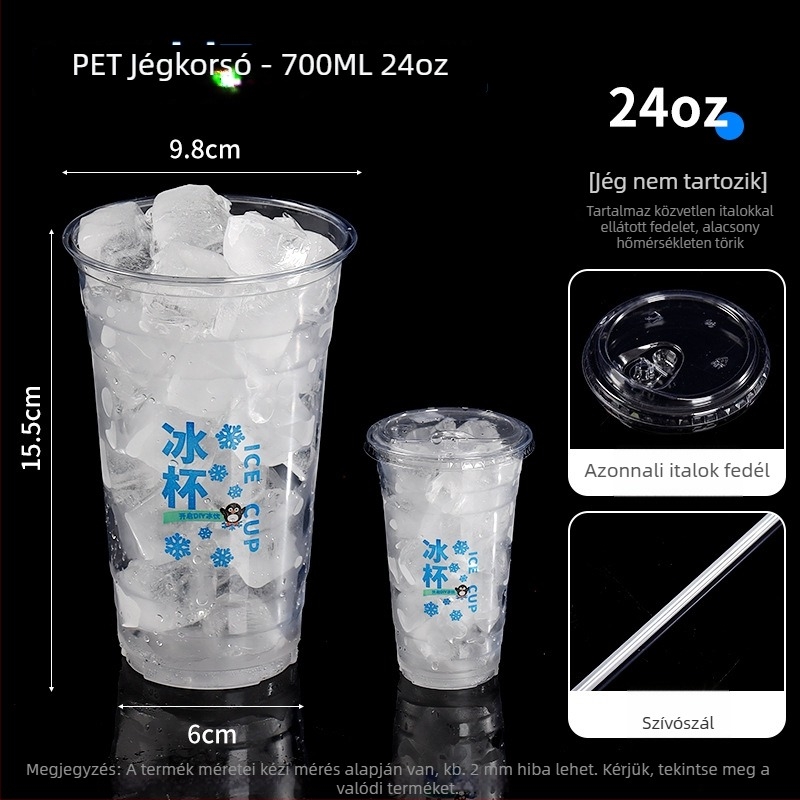 Egyszer használatos PET műanyag pohár hideg italokhoz, ovális alak, átlátszó kivitel, 401–500 ml térfogat, tej- vagy kávéitalokhoz alkalmas