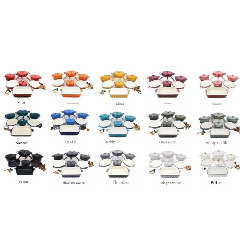 Zománcolt vas edények 7 darabos készlet, hőszigetelt, tapadásmentes, vas fedél, modell FP0102