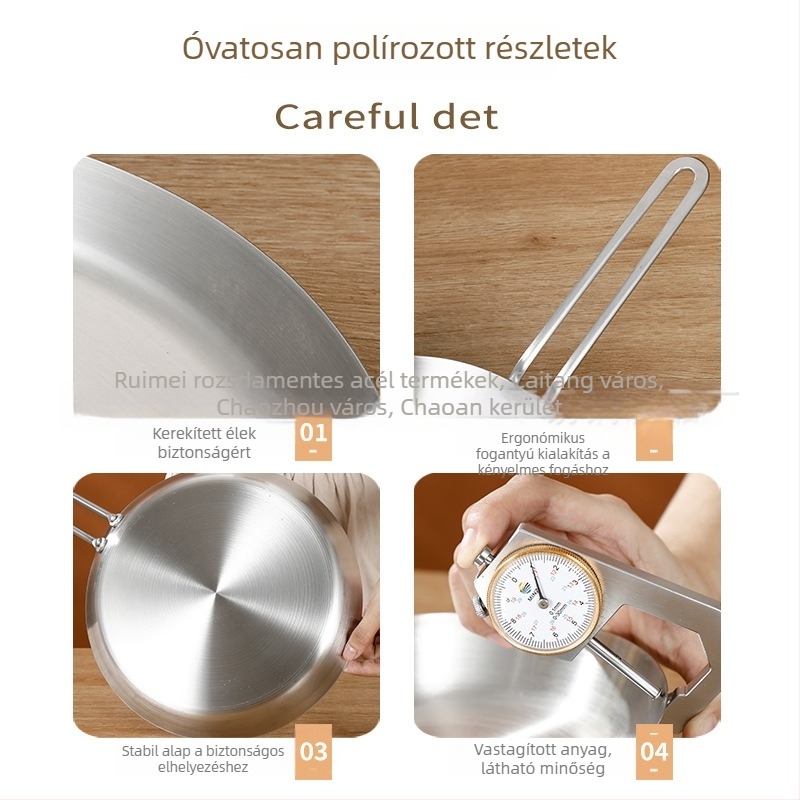Élelmiszer-minőségű 201 rozsdamentes acél serpenyő, háromrétegű vastag konstrukció, egyenletes hőelvezetés, égésgátló fogantyú, steak, tojás és palacsinta sütéséhez