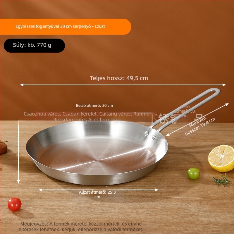 Élelmiszer-minőségű 201 rozsdamentes acél serpenyő, háromrétegű vastag konstrukció, egyenletes hőelvezetés, égésgátló fogantyú, steak, tojás és palacsinta sütéséhez