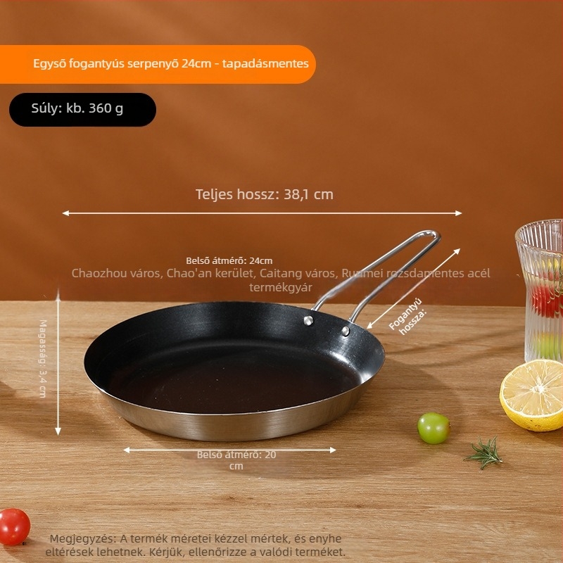 Élelmiszer-minőségű 201 rozsdamentes acél serpenyő, háromrétegű vastag konstrukció, egyenletes hőelvezetés, égésgátló fogantyú, steak, tojás és palacsinta sütéséhez