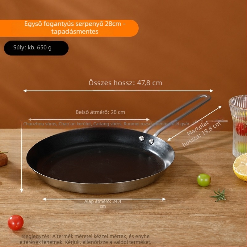 Élelmiszer-minőségű 201 rozsdamentes acél serpenyő, háromrétegű vastag konstrukció, egyenletes hőelvezetés, égésgátló fogantyú, steak, tojás és palacsinta sütéséhez