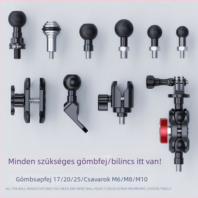 Elektromos jármű: univerzális gömbfejes tartó összekötő rúddal M6/M8/M10, Ø17 mm, adapter gömbfej Ø20 mm, 25 mm