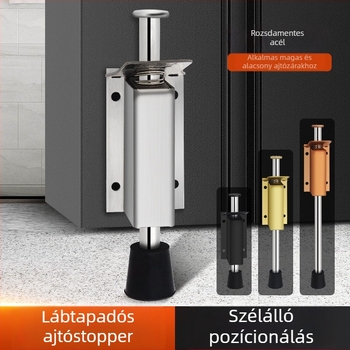 Lábpedállal működtetett ajtóstopper, rozsdamentes acélból, csiszolt felülettel, négyszögletes modell, falra szerelhető, kézi működtetés