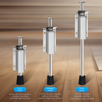 Lábpedállal működtetett ajtóstopper, rozsdamentes acélból, csiszolt felülettel, négyszögletes modell, falra szerelhető, kézi működtetés