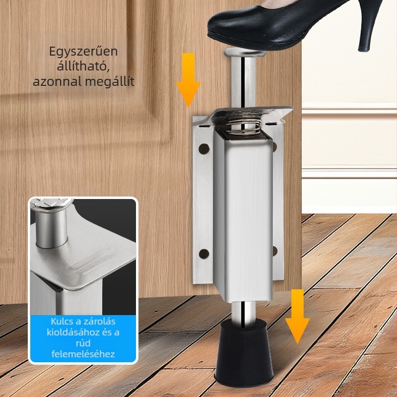 Lábpedállal működtetett ajtóstopper, rozsdamentes acélból, csiszolt felülettel, négyszögletes modell, falra szerelhető, kézi működtetés