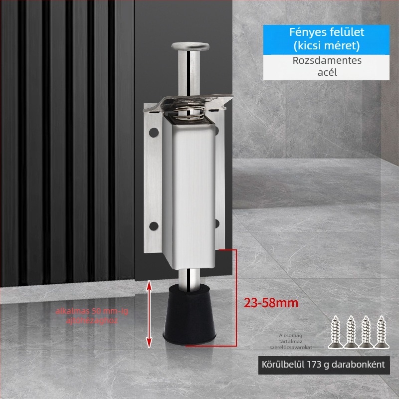 Lábpedállal működtetett ajtóstopper, rozsdamentes acélból, csiszolt felülettel, négyszögletes modell, falra szerelhető, kézi működtetés