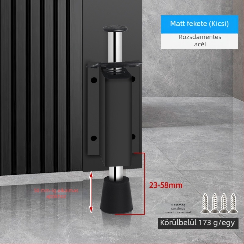 Lábpedállal működtetett ajtóstopper, rozsdamentes acélból, csiszolt felülettel, négyszögletes modell, falra szerelhető, kézi működtetés