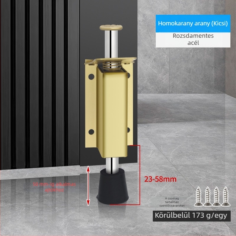 Lábpedállal működtetett ajtóstopper, rozsdamentes acélból, csiszolt felülettel, négyszögletes modell, falra szerelhető, kézi működtetés