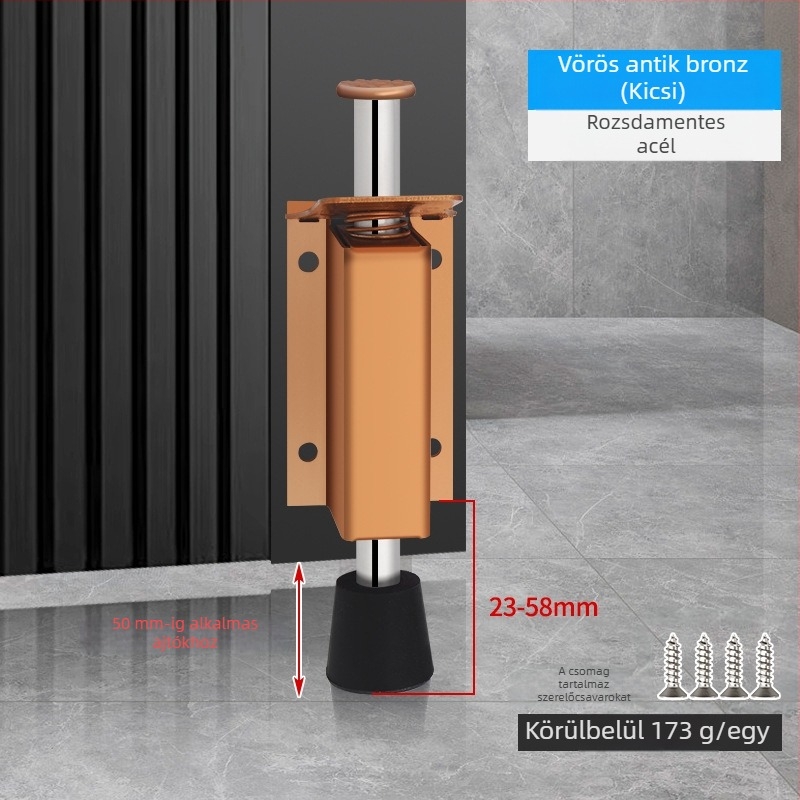 Lábpedállal működtetett ajtóstopper, rozsdamentes acélból, csiszolt felülettel, négyszögletes modell, falra szerelhető, kézi működtetés