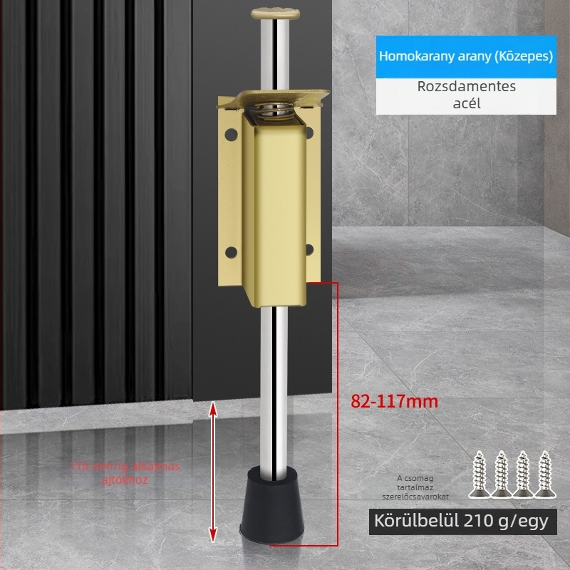 Lábpedállal működtetett ajtóstopper, rozsdamentes acélból, csiszolt felülettel, négyszögletes modell, falra szerelhető, kézi működtetés