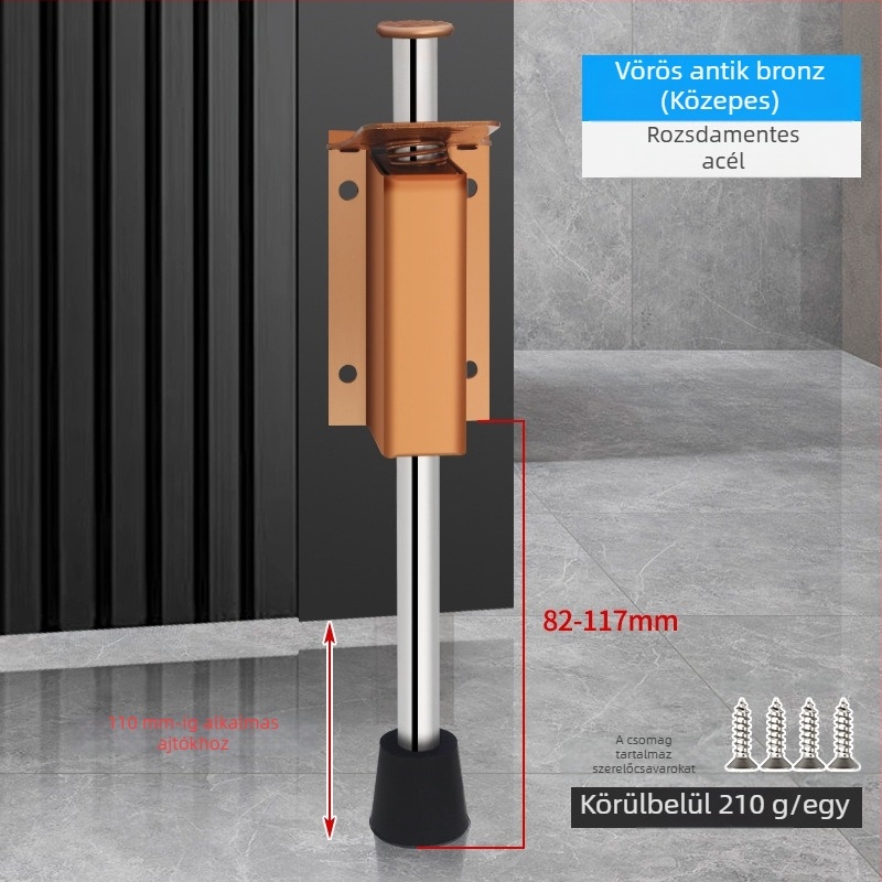 Lábpedállal működtetett ajtóstopper, rozsdamentes acélból, csiszolt felülettel, négyszögletes modell, falra szerelhető, kézi működtetés