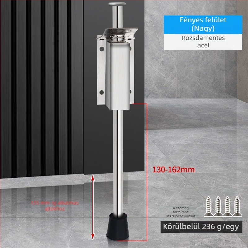 Lábpedállal működtetett ajtóstopper, rozsdamentes acélból, csiszolt felülettel, négyszögletes modell, falra szerelhető, kézi működtetés