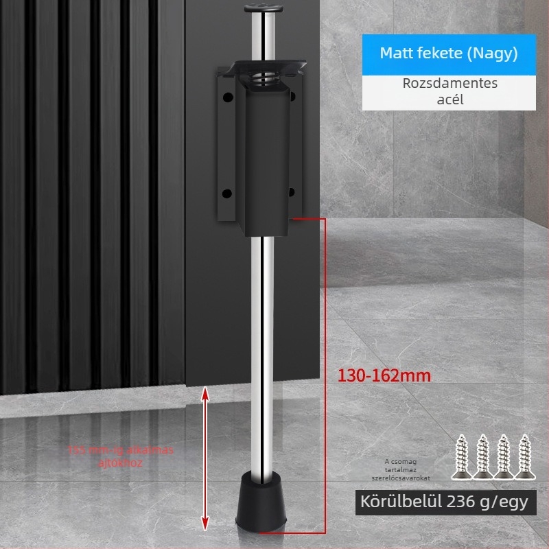 Lábpedállal működtetett ajtóstopper, rozsdamentes acélból, csiszolt felülettel, négyszögletes modell, falra szerelhető, kézi működtetés