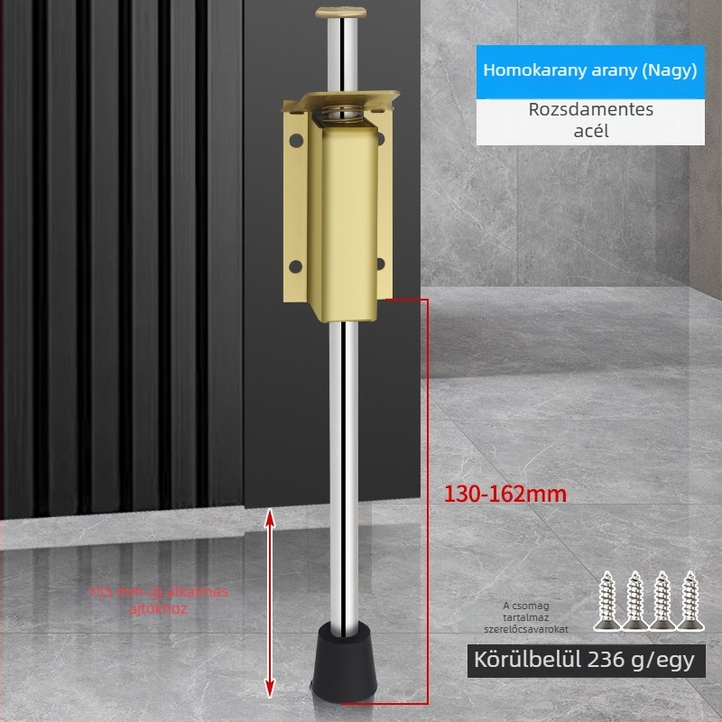Lábpedállal működtetett ajtóstopper, rozsdamentes acélból, csiszolt felülettel, négyszögletes modell, falra szerelhető, kézi működtetés