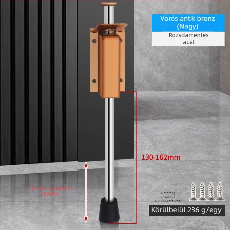 Lábpedállal működtetett ajtóstopper, rozsdamentes acélból, csiszolt felülettel, négyszögletes modell, falra szerelhető, kézi működtetés