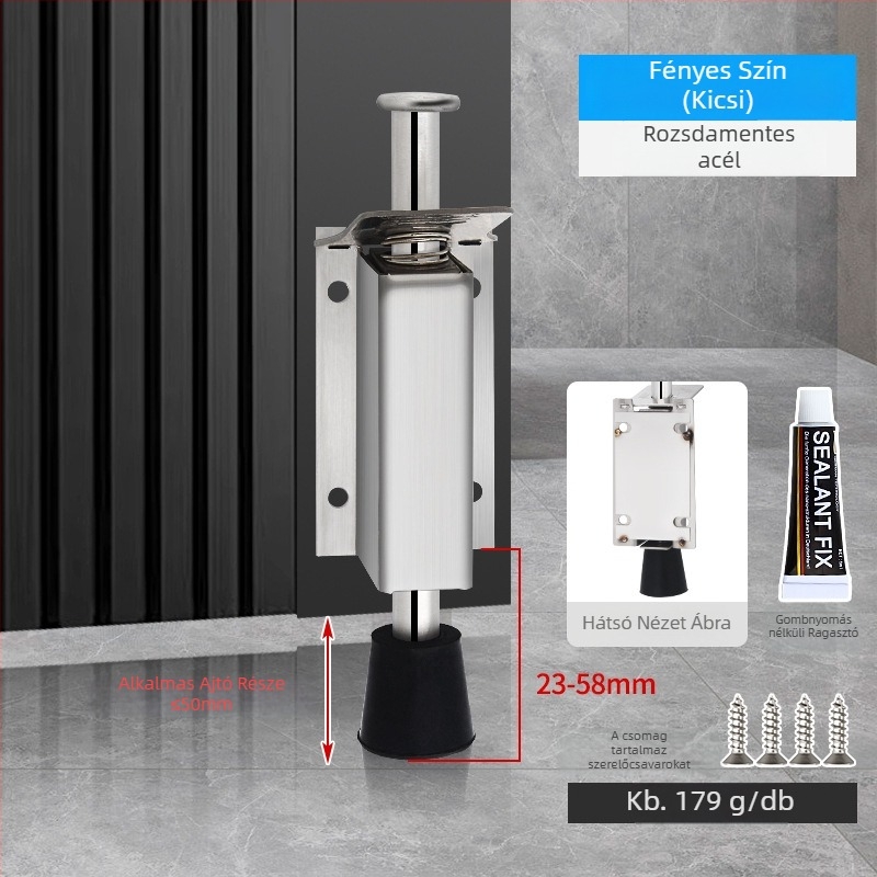 Lábpedállal működtetett ajtóstopper, rozsdamentes acélból, csiszolt felülettel, négyszögletes modell, falra szerelhető, kézi működtetés