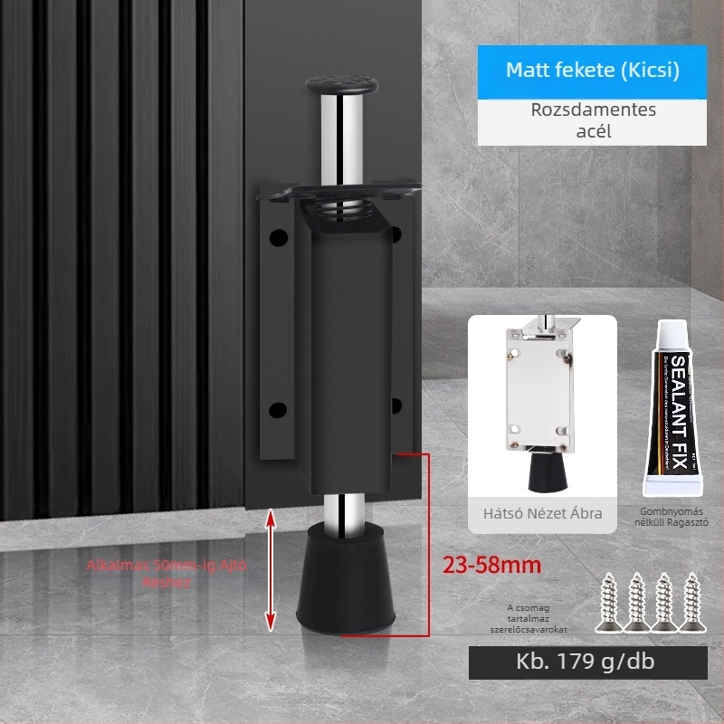 Lábpedállal működtetett ajtóstopper, rozsdamentes acélból, csiszolt felülettel, négyszögletes modell, falra szerelhető, kézi működtetés