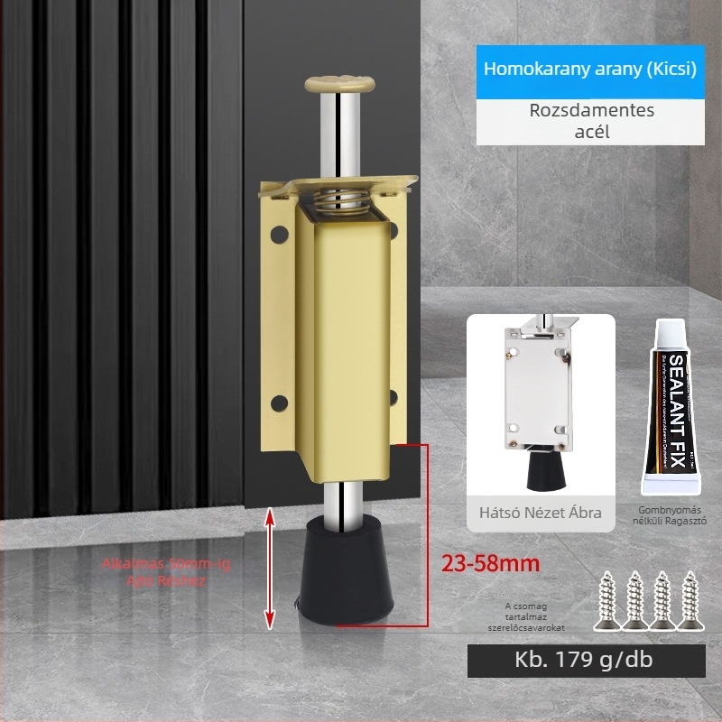 Lábpedállal működtetett ajtóstopper, rozsdamentes acélból, csiszolt felülettel, négyszögletes modell, falra szerelhető, kézi működtetés