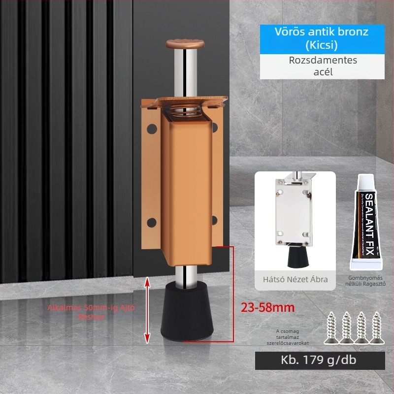 Lábpedállal működtetett ajtóstopper, rozsdamentes acélból, csiszolt felülettel, négyszögletes modell, falra szerelhető, kézi működtetés