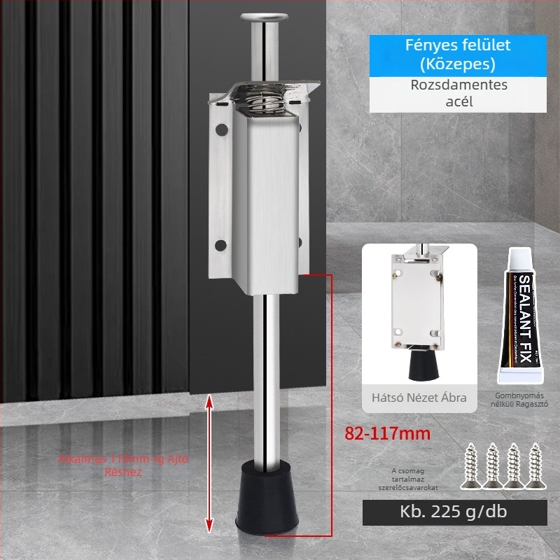 Lábpedállal működtetett ajtóstopper, rozsdamentes acélból, csiszolt felülettel, négyszögletes modell, falra szerelhető, kézi működtetés