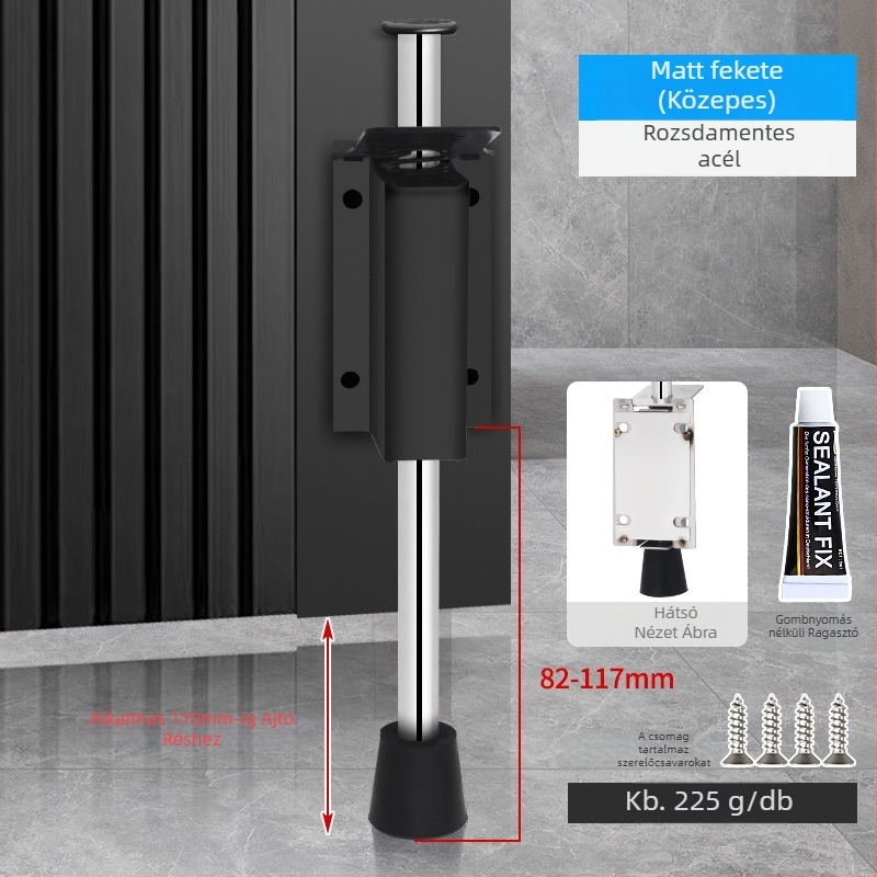 Lábpedállal működtetett ajtóstopper, rozsdamentes acélból, csiszolt felülettel, négyszögletes modell, falra szerelhető, kézi működtetés